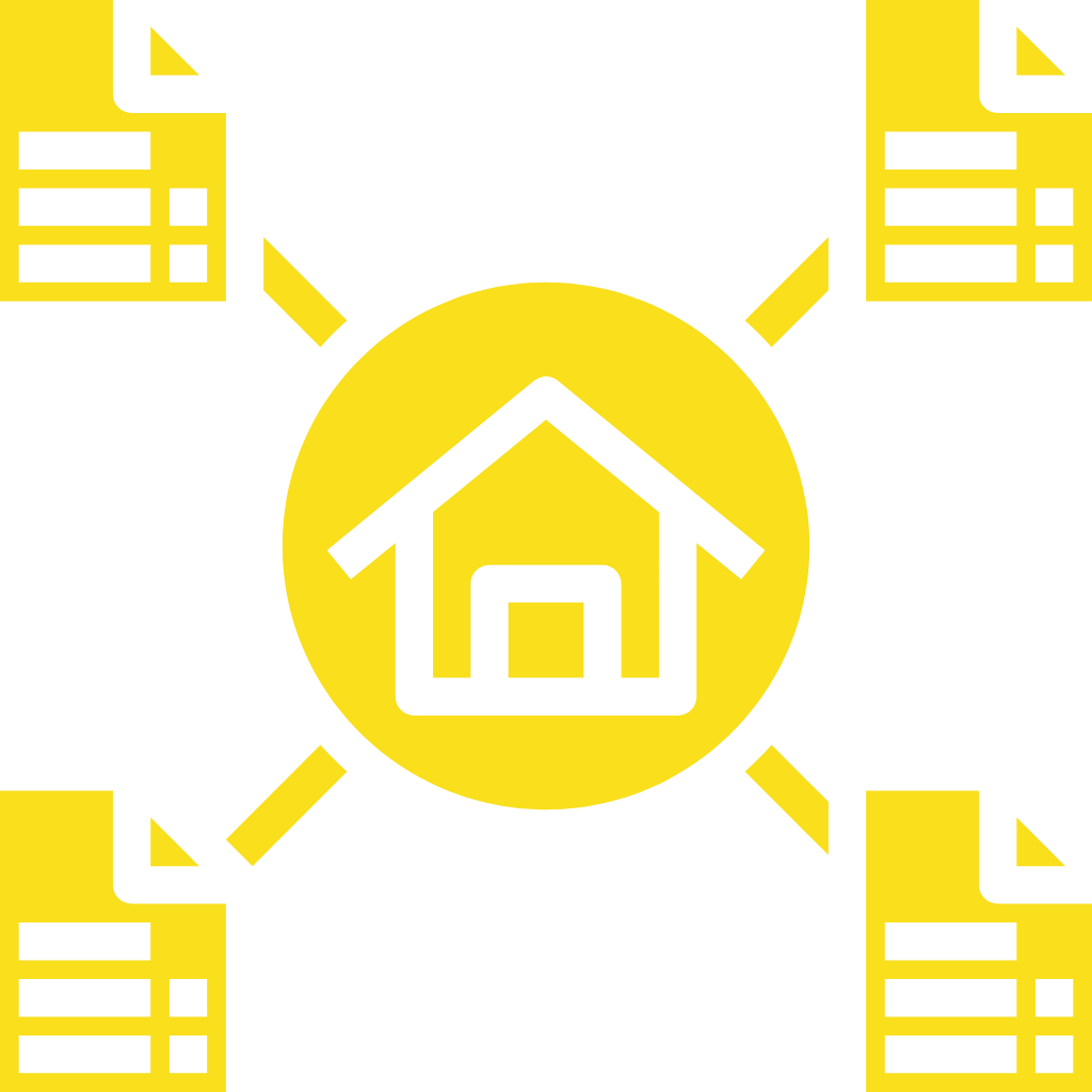Yellow icon of house surrounded by four documents