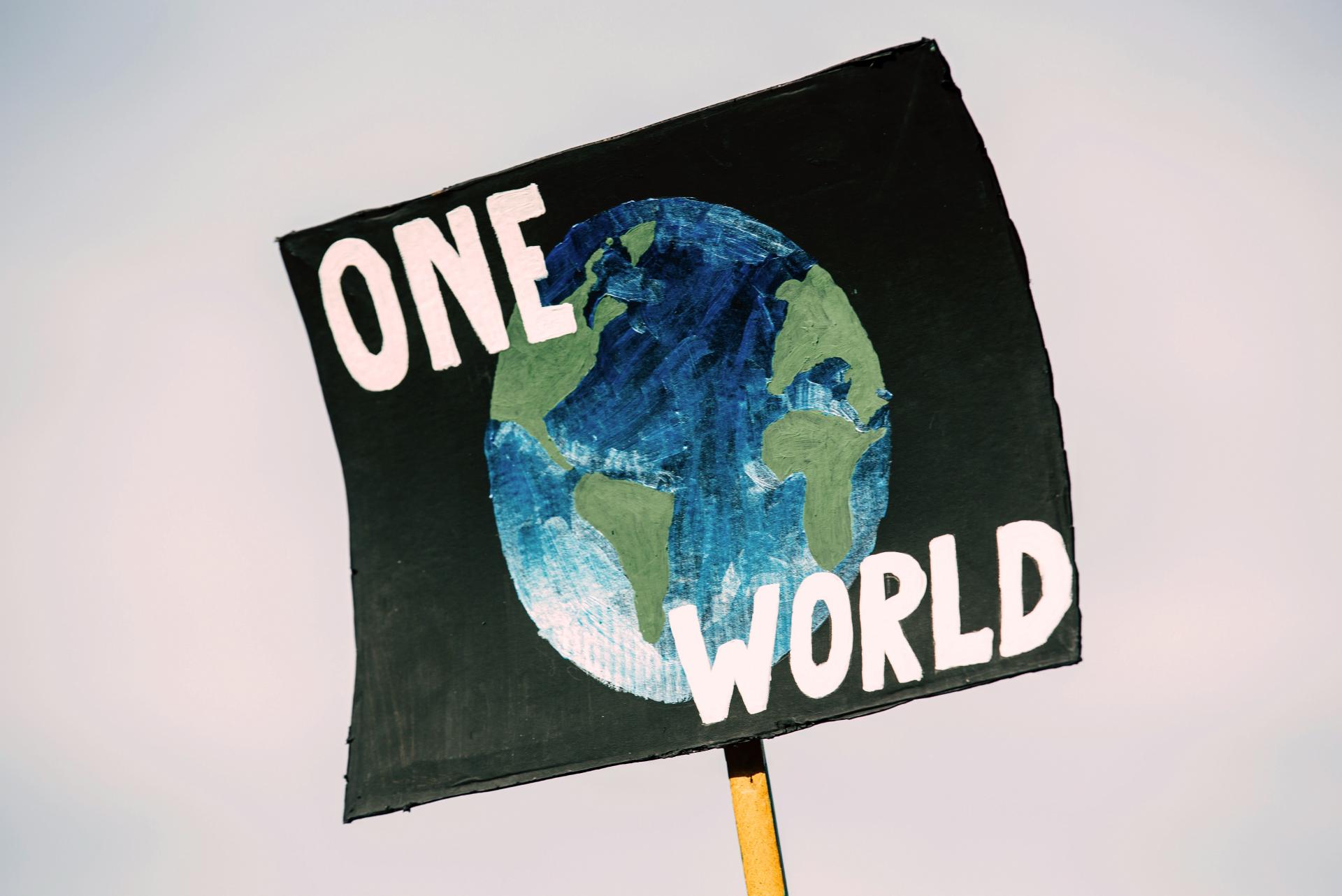 A protest sign with a picture of the Earth and the slogan 'One World'